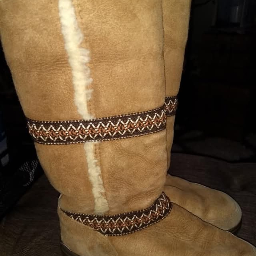 Tan Suede Boots with Embroidered Trim